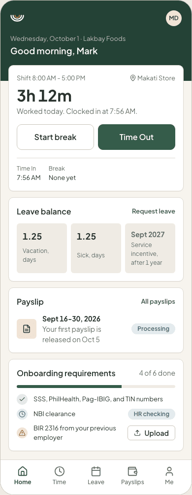 The WorkNest employee home screen on a phone, showing clock-in status and leave balances